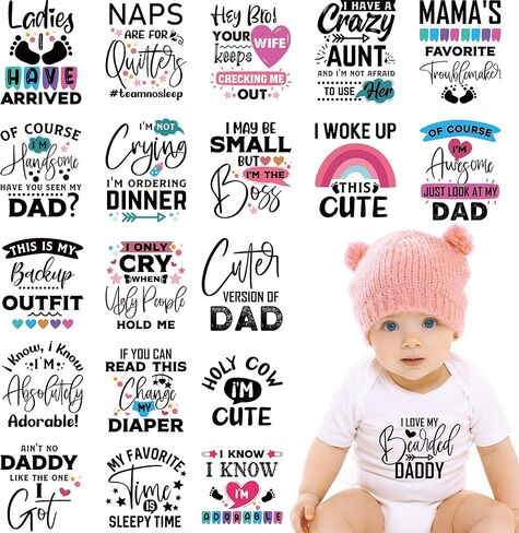 Funny Baby Iron on Transfers, 20 PCS Onesie Decorating Kit Baby Shower, Fun Heat Transfer Stickers, Iron on Decals for T Shirts Hoodie Bibs Bodysuit Clothing DIY Crafts in Saudi Arabia