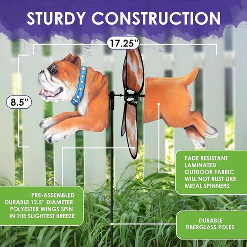 Premier Kites Petite Spinner Bulldog – Whimsical Wind Spinner for Yard & Garden, Durable Weather-Resistant Fabric, Easy to Assemble, Outdoor Decor for Patios, Lawns, & Fairy Lovers in Saudi Arabia