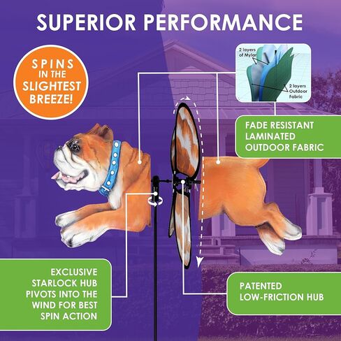 Premier Kites Petite Spinner Bulldog – Whimsical Wind Spinner for Yard & Garden, Durable Weather-Resistant Fabric, Easy to Assemble, Outdoor Decor for Patios, Lawns, & Fairy Lovers in Saudi Arabia