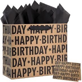 Yusenguan 13" Kraft Birthday Gift Bag with Tissue Paper and Greeting Card, Black Happy Birthday Lettering Design Gift Paper Bag for Men, Women, Kids in Saudi Arabia