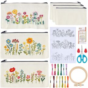 WEBEEDY 3 Sets Embroidery Pouch Making Kit DIY Floral Pouch Cosmetic Bag Embroidery Kit Include Stamped Flower Pattern, Hoop, Threads, Needles for Beginners Christmas Mother's Day Stitchwork Gift in Saudi Arabia