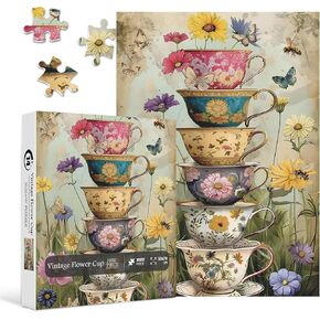 Vintage Flower Cup Puzzle for Adults 1000 Pieces, Nature Challenging Spring Floral Plant Puzzles, Retro Cups Garden Puzzle with Butterfly and Bee as Home Wall Art Decor in Kuwait
