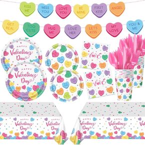 Remerry 403 Pcs Valentine's Day Party Supplies for 50, Conversation Heart Valentines Paper Plates Napkins Cups Cutlery Tablecloth Banner for Galentine's Day Engagements Anniversary Party Supplies in Saudi Arabia