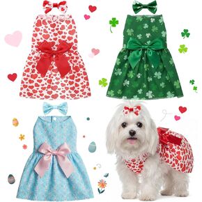 Abbylike 3 Set Valentines Day Dog Dress Small Dog St. Patrick Easter Heart Shamrock Bunny Poodle Skirt with Bow Clip for Pet Holiday Party Outfits(L) in Saudi Arabia