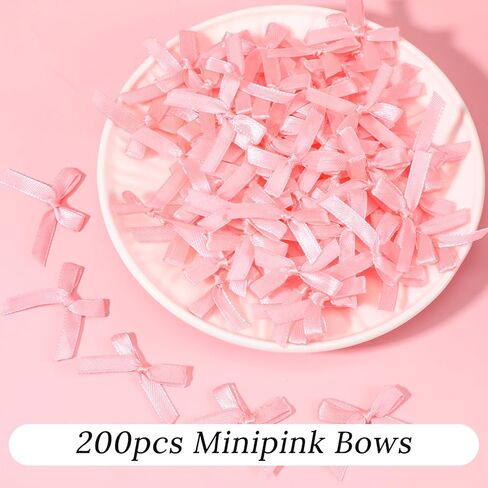 200 Pcs Satin Fabric Ribbons Bows Mini Pink Bows Christmas Party Ornament Tiny Premade Crafts Bow Decoration for DIY Cheer Hair Accessories Scrapbook Card Wrapping Basket Wedding Birthday in Saudi Arabia