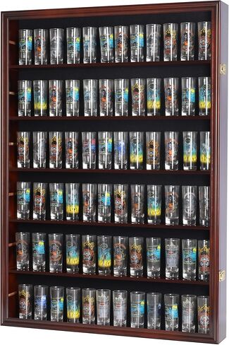 حافظة عرض 144 Shot Glass Shooter، خزانة زجاجية مثبتة على الحائط من مجموعة هولدر، حماية من الأشعة فوق البنفسجية، أرفف قابلة للإزالة، لمسة نهائية من الكرز in Kuwait