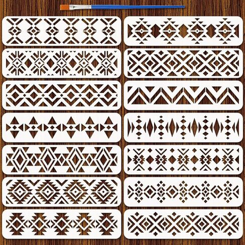 FINGERINSPIRE 14Pcs Aztec Decorative Border Stencils with a Brush 11.8x3Inch 14 Styles Aztec Patterned Border Painting Stencils PET Rhombus Themes Template for Painting on Wood Floor Wall Tile Fabric in Saudi Arabia