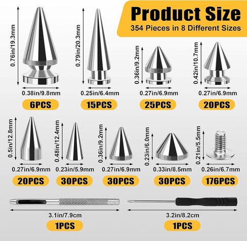 354 Pieces Punk Spikes and Studs Kit, Anglecai 8 Size Cone Spikes Studs Metal Tree Punk Studs for Clothing Spike Rivets for Leather Craftsmanship, Punk Style Clothing Accessories in Saudi Arabia