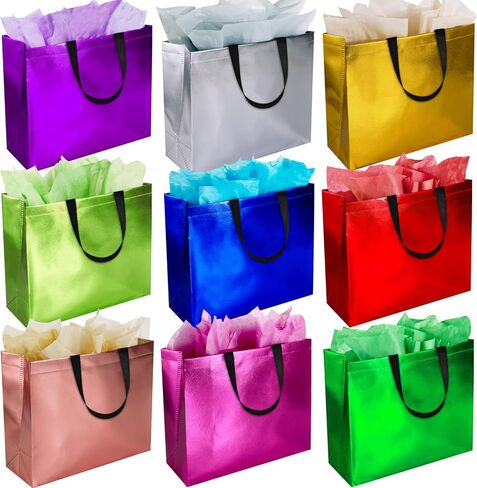 BLEWINDZ 18Pcs Large Gift Bags with Tissues for Presents - 13'' Reusable Non-Woven Gift Goodie Bags with Metallic Shiny - Party Favor Bag Tote Bag for Wedding, Birthday, Christmas in Saudi Arabia