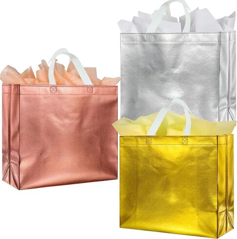 BLEWINDZ 18Pcs Large Gift Bags with Tissues for Presents - 13'' Reusable Non-Woven Gift Goodie Bags with Metallic Shiny - Party Favor Bag Tote Bag for Wedding, Birthday, Christmas in Saudi Arabia