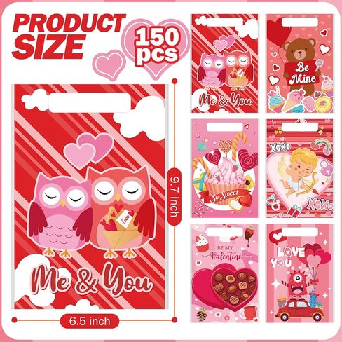 Tatuo 150 Pieces Valentine's Day Gift Treat Bags Goodie Bags for Valentine's Day Goodie Candy Snack Cellophane Party Favor Gift, 6 Designs(Cartoon) in Saudi Arabia