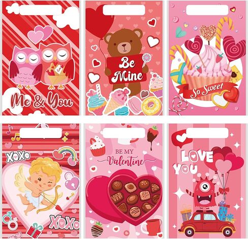 Tatuo 150 Pieces Valentine's Day Gift Treat Bags Goodie Bags for Valentine's Day Goodie Candy Snack Cellophane Party Favor Gift, 6 Designs(Cartoon) in Saudi Arabia