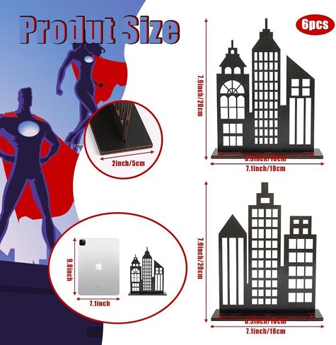 6 قطع من ديكورات حفلات البطل الخارق، 2 نمط خشبي لديكور ناطحات السحاب على الطاولات، مباني أفق المدينة، ديكور مركزي لمستلزمات حفلات أعياد الميلاد الهزلية in Kuwait