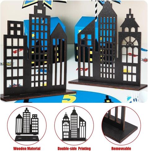 6 قطع من ديكورات حفلات البطل الخارق، 2 نمط خشبي لديكور ناطحات السحاب على الطاولات، مباني أفق المدينة، ديكور مركزي لمستلزمات حفلات أعياد الميلاد الهزلية in Kuwait