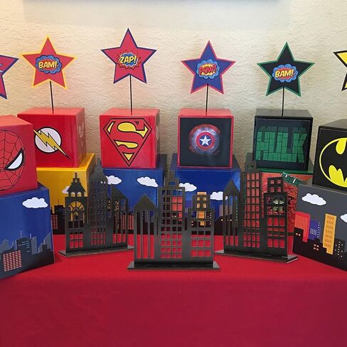 6 قطع من ديكورات حفلات البطل الخارق، 2 نمط خشبي لديكور ناطحات السحاب على الطاولات، مباني أفق المدينة، ديكور مركزي لمستلزمات حفلات أعياد الميلاد الهزلية in Kuwait