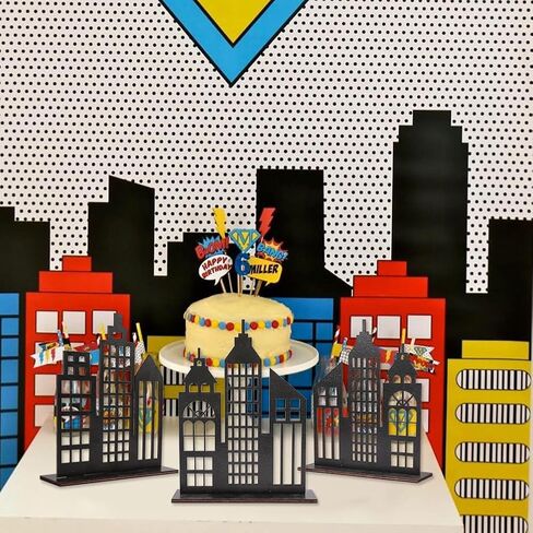 6 قطع من ديكورات حفلات البطل الخارق، 2 نمط خشبي لديكور ناطحات السحاب على الطاولات، مباني أفق المدينة، ديكور مركزي لمستلزمات حفلات أعياد الميلاد الهزلية in Kuwait