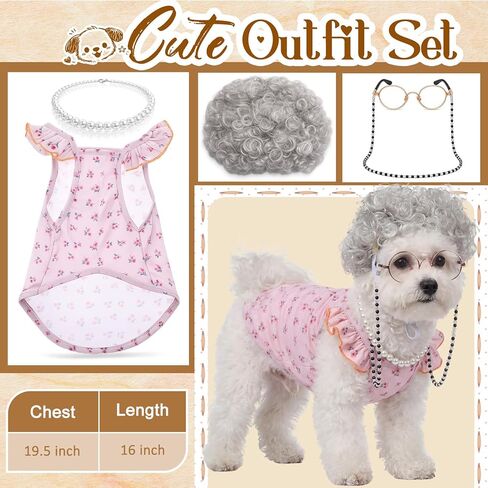Ceenna 4 Pcs 100 Days of School Old Lady Dogs Costume Set Grandma Dogs Costume Set with Wig Dress Chain Glasses and Pearl Necklace for Halloween Festival Birthday Party for Small Dog Pets in Saudi Arabia