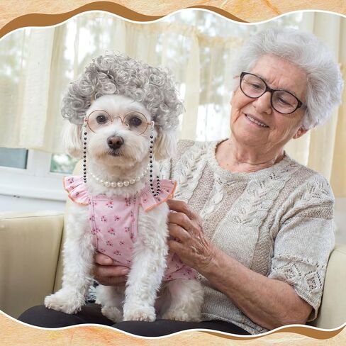 Ceenna 4 Pcs 100 Days of School Old Lady Dogs Costume Set Grandma Dogs Costume Set with Wig Dress Chain Glasses and Pearl Necklace for Halloween Festival Birthday Party for Small Dog Pets in Saudi Arabia