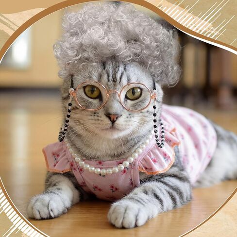 Ceenna 4 Pcs 100 Days of School Old Lady Dogs Costume Set Grandma Dogs Costume Set with Wig Dress Chain Glasses and Pearl Necklace for Halloween Festival Birthday Party for Small Dog Pets in Saudi Arabia