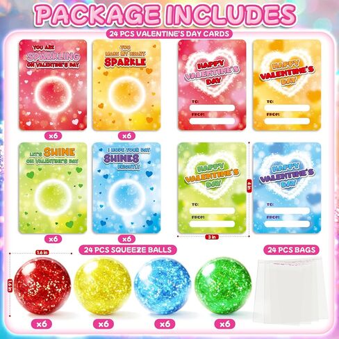 24 Pack Valentine's Day Cards for Kids with Squeeze Balls, Valentines Gifts for Kids Classroom School Exchange, Kids Party Favors and Prizes Squeeze Toy for Kids in Saudi Arabia