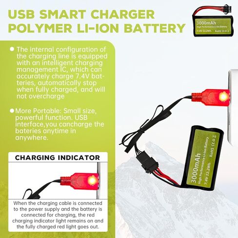 sea jump 2PCS 7.4V 3000mah 15C 2S Li-ion Battery with SM-4P Plug and USB Charger Suitable for EC08 DE85 RC Car Truck Remote Control Ship RC Drone Engineering Vehicle Battery in Saudi Arabia