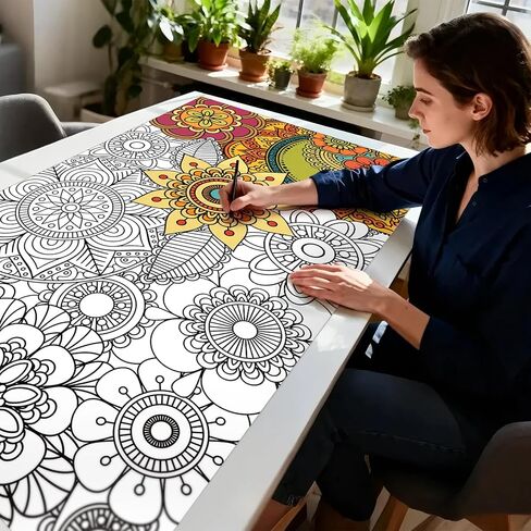Penitue 2 قطعة ملصقات تلوين جامبو ماندالا، 100 × 60 سم / 39.37 × 23.62 بوصة ملصقات تلوين زهور تحفيزية عملاقة كبيرة للأطفال والبالغين والمراهقين لوازم الحفلات الجدارية الفنية in Kuwait