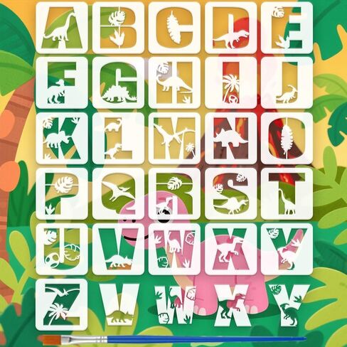 FINGERINSPIRE 26PCS Dinosaur Alphabet Painting Stencil with Paint Brush 7.9x7.9 Inch Dinosaur Silhouette Drawing Template Decorative Leaves Tree Stencil Alphabet Theme Template for Painting on DIY in Saudi Arabia