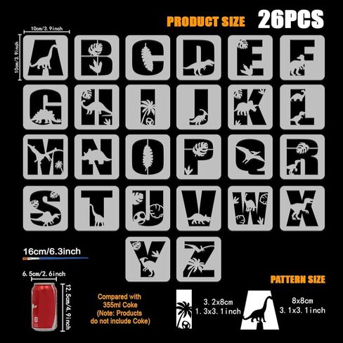 FINGERINSPIRE 26PCS Dinosaur Alphabet Painting Stencil with Paint Brush 7.9x7.9 Inch Dinosaur Silhouette Drawing Template Decorative Leaves Tree Stencil Alphabet Theme Template for Painting on DIY in Saudi Arabia