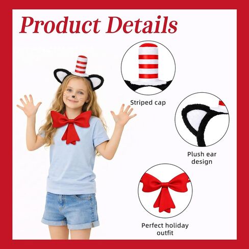 2 Pcs Cat Costume with Cat Ears Headband Bowtie Fit World Book Day Halloween Cosplay Party Costume Accessories Red in Saudi Arabia