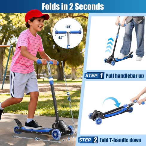 Foldable Kids Scooter with Lean-to-Steer Technology, LED Light-Up Wheels, and Quick-Adjust Handlebar – Ideal Outdoor Gift for Ages 3/4/5/6/7 in Kuwait