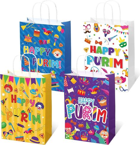 Sinload 24 Pcs Purim Gift Bag Bulk 4 Design Multicolored Print Gift Bags with Paper Handles for Holidays in Saudi Arabia