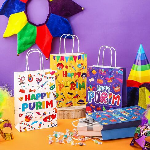 Sinload 24 Pcs Purim Gift Bag Bulk 4 Design Multicolored Print Gift Bags with Paper Handles for Holidays in Saudi Arabia