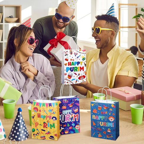 Sinload 24 Pcs Purim Gift Bag Bulk 4 Design Multicolored Print Gift Bags with Paper Handles for Holidays in Saudi Arabia