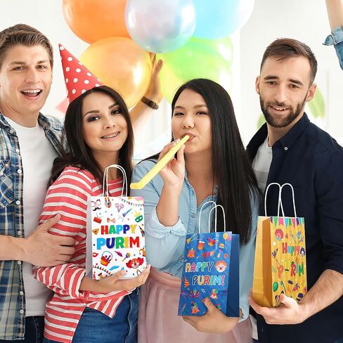 Sinload 24 Pcs Purim Gift Bag Bulk 4 Design Multicolored Print Gift Bags with Paper Handles for Holidays in Saudi Arabia