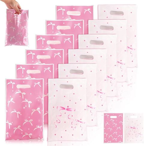 Pink Bow Gift Bags - 30 PCS Candy Goodie Treat Bags Retail Shopping Bag, Bow Party Favors Bag, Cute Plastic Pink Bows Decorations for Birthday Bridal Shower Engage Wedding Sweet Party Supplies in Saudi Arabia