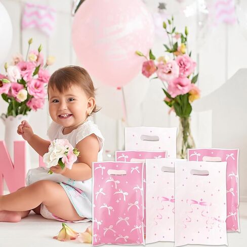 Pink Bow Gift Bags - 30 PCS Candy Goodie Treat Bags Retail Shopping Bag, Bow Party Favors Bag, Cute Plastic Pink Bows Decorations for Birthday Bridal Shower Engage Wedding Sweet Party Supplies in Saudi Arabia