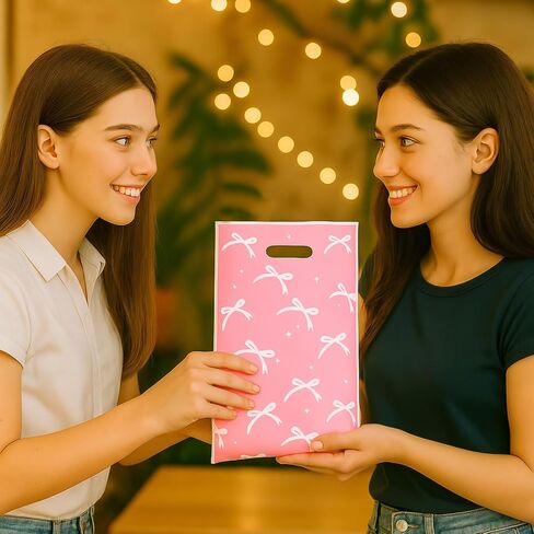 Pink Bow Gift Bags - 30 PCS Candy Goodie Treat Bags Retail Shopping Bag, Bow Party Favors Bag, Cute Plastic Pink Bows Decorations for Birthday Bridal Shower Engage Wedding Sweet Party Supplies in Saudi Arabia