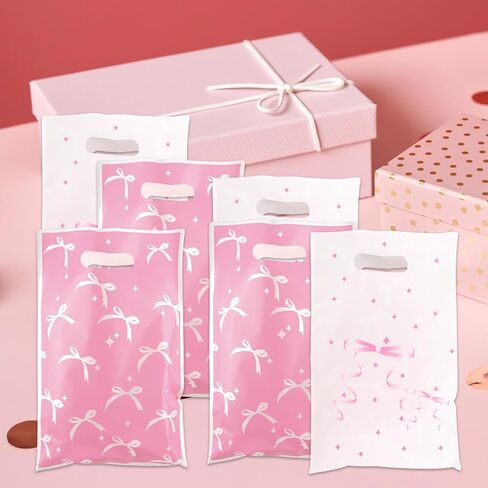 Pink Bow Gift Bags - 30 PCS Candy Goodie Treat Bags Retail Shopping Bag, Bow Party Favors Bag, Cute Plastic Pink Bows Decorations for Birthday Bridal Shower Engage Wedding Sweet Party Supplies in Saudi Arabia