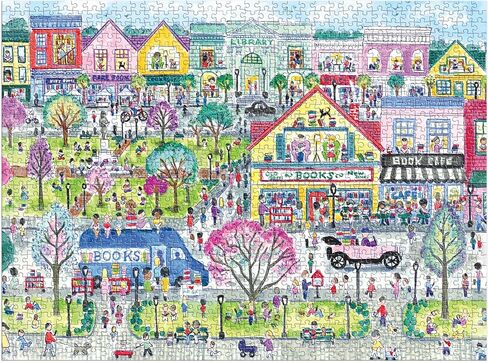 Galison Book Townscape – 1000 Piece Michael Storrings Jigsaw Puzzle Featuring Beautiful Artwork of A Book Themed Neighborhood in Saudi Arabia