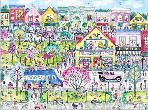 Galison Book Townscape – 1000 Piece Michael Storrings Jigsaw Puzzle Featuring Beautiful Artwork of A Book Themed Neighborhood in Saudi Arabia
