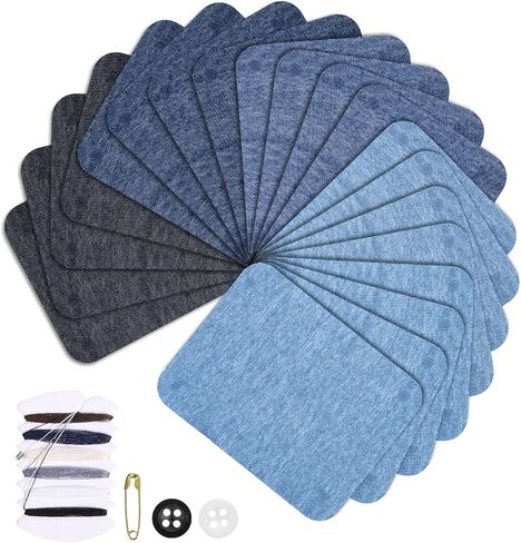 20 Pcs Denim Patches for Inside Jeans, Iron on Jean Patches for Clothes, Cotton Denim Repair Patch with Sewing Kit for Inside Jeans Fabric Kit, Jeans Knee, Pants, Clothing (5 Color) in Saudi Arabia