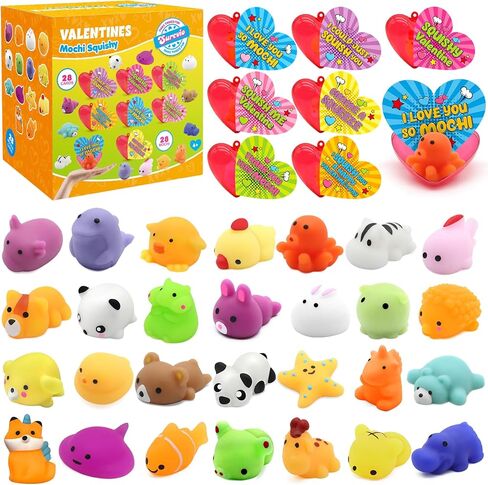 28 Pack Valentine Mochi Squishies Gifts for Kids, Greeting Cards and Animal Mochi Squishies Filled Heart-Shape Box Kawaii Squishies Stress Relief Fidget Toys Classroom Exchange Party Favors in Saudi Arabia