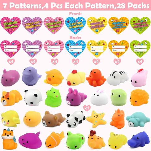28 Pack Valentine Mochi Squishies Gifts for Kids, Greeting Cards and Animal Mochi Squishies Filled Heart-Shape Box Kawaii Squishies Stress Relief Fidget Toys Classroom Exchange Party Favors in Saudi Arabia