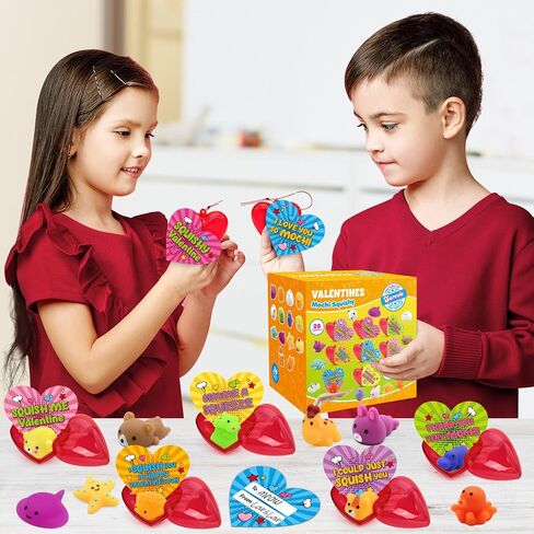28 Pack Valentine Mochi Squishies Gifts for Kids, Greeting Cards and Animal Mochi Squishies Filled Heart-Shape Box Kawaii Squishies Stress Relief Fidget Toys Classroom Exchange Party Favors in Saudi Arabia