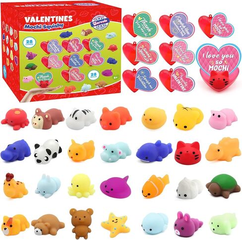 28 Pack Valentine Mochi Squishies Gifts for Kids, Greeting Cards and Animal Mochi Squishies Filled Heart-Shape Box Kawaii Squishies Stress Relief Fidget Toys Classroom Exchange Party Favors in Saudi Arabia