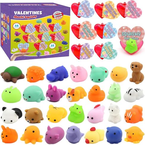 28 Pack Valentine Mochi Squishies Gifts for Kids, Greeting Cards and Animal Mochi Squishies Filled Heart-Shape Box Kawaii Squishies Stress Relief Fidget Toys Classroom Exchange Party Favors in Saudi Arabia