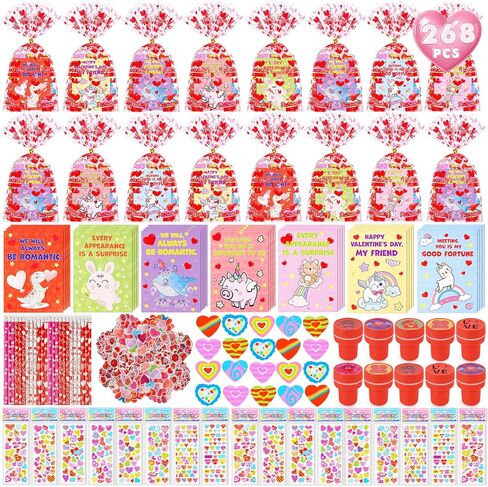 268PCS Valentines Day Gifts for Kids, Classroom Bulk 28 Packs Valentines Cards, Goodie Bags, Treats & Party Favors for School Exchange, Non Candy Bulk Stuffer School Party Favors Bags for Boys Girls in Saudi Arabia