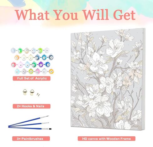 Auremi Flower Paint by Number Kits with Framed, DIY Flower Paint by Number Canvas for Adults, Easy Acrylic in Canvas with Brushes for Decor 20x30cm in Saudi Arabia