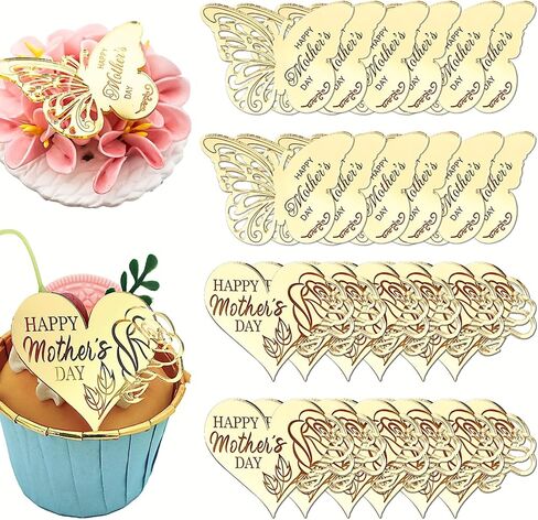 24 قطعة من أغطية الكب كيك لعيد الأم السعيد، أكريليك مرآة ذهبية، تصميمات فراشة وقلب وردي، 2.16 × 1.57 بوصة و2.20 × 1.77 بوصة in Kuwait