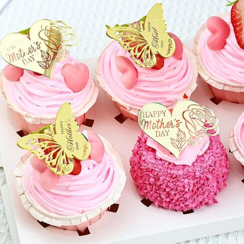 24 قطعة من أغطية الكب كيك لعيد الأم السعيد، أكريليك مرآة ذهبية، تصميمات فراشة وقلب وردي، 2.16 × 1.57 بوصة و2.20 × 1.77 بوصة in Kuwait